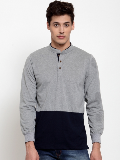 

Kalt Men Grey Melange & Navy Blue Colourblocked Mandarin Collar T-shirt