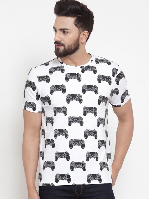 

DOOR74 Men White & Black Printed Round Neck T-shirt