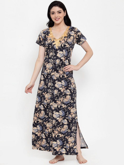 

Claura Women Navy Blue & Beige Printed Nightdress