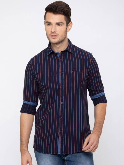 

Globus Men Navy Blue & Brown Regular Fit Striped Casual Shirt