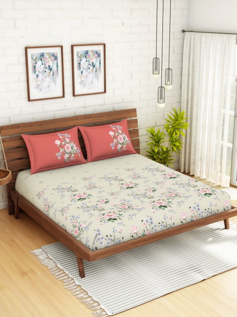 

SPACES Cream-Coloured & Orange Floral 180 TC Cotton 1 King Bedsheet with 2 Pillow Covers