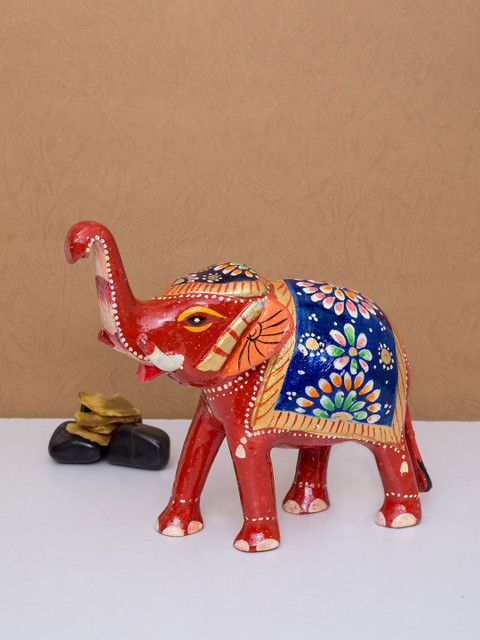 

Golden Peacock Red & Blue Handcrafted Metal Elephant Showpiece