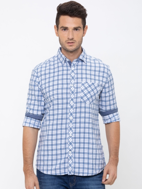 

Globus Men White & Blue Regular Fit Checked Casual Shirt