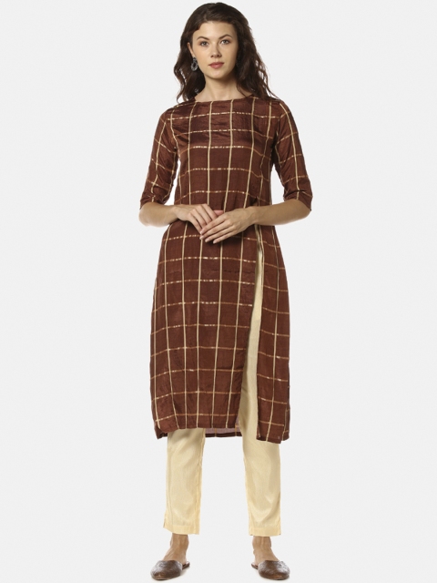 

Instafab Women Brown & Gold-Toned Printed Kurta with Trousers