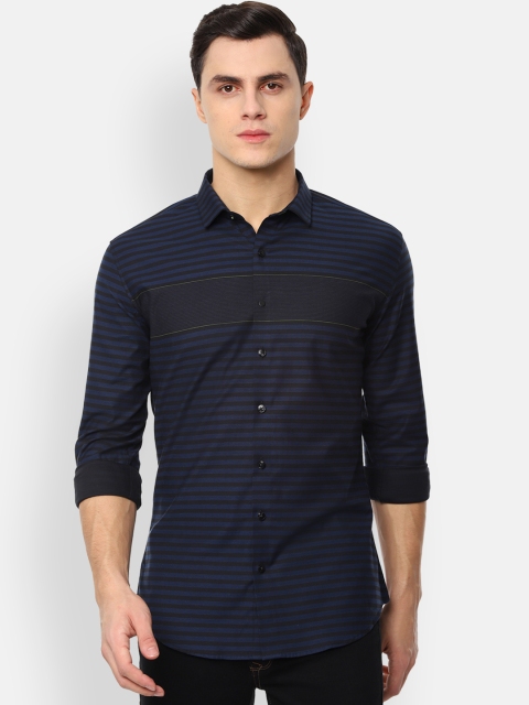 

V Dot Men Navy Blue Skinny Fit Striped Casual Shirt