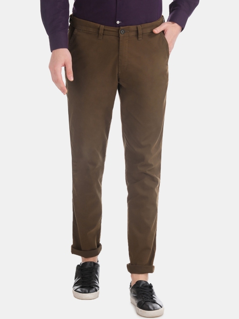 

AD By Arvind Men Olive Brown Slim Fit Solid Regular Trousers