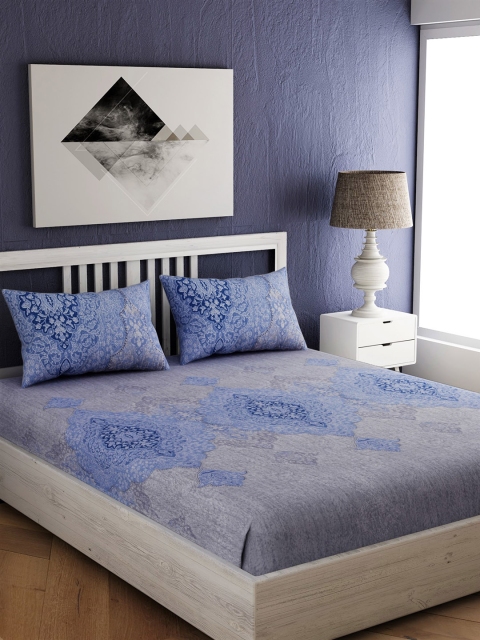 

EverHOME Blue Ethnic Motifs 300 TC Cotton 1 King Bedsheet with 2 Pillow Covers