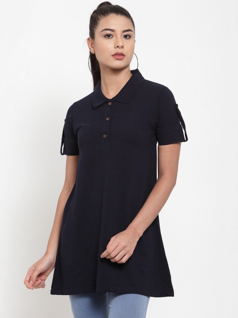 

Kalt Women Navy Blue Solid Polo Collar Longline T-shirt