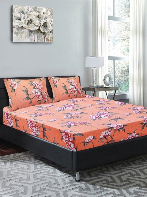 Orange Floral 144 TC Cotton 1 King Bedsheet with 2 Pillow Covers