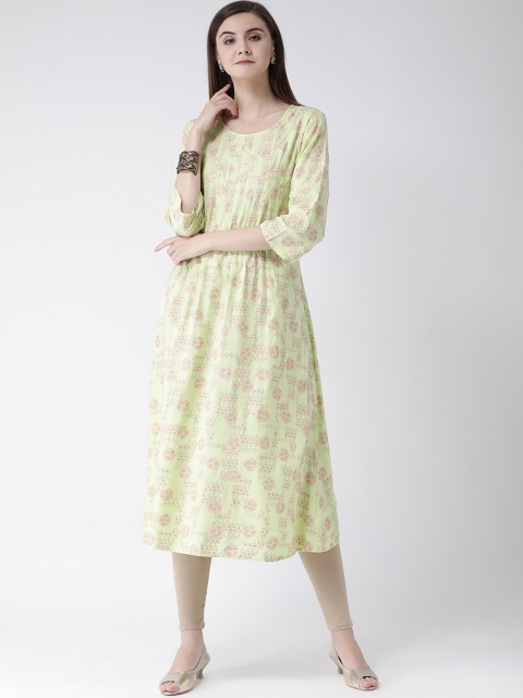 

Span Women Lime Green & Pink Floral Print Anarkali Kurta