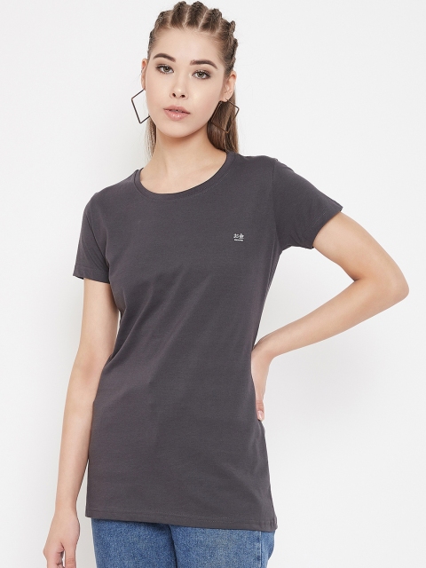 

Okane Women Charcoal Grey Solid Round Neck T-shirt