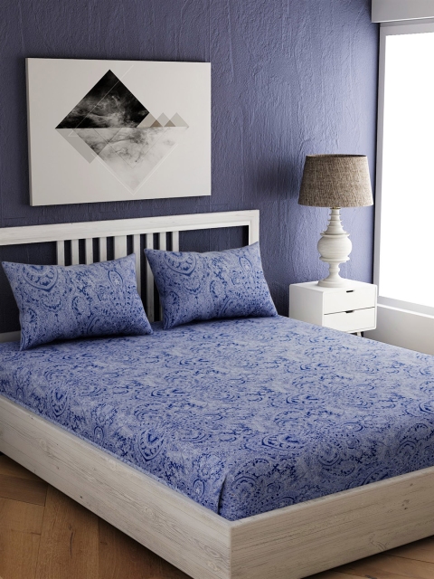 

EverHOME Blue Floral 300 TC Cotton 1 King Bedsheet with 2 Pillow Covers