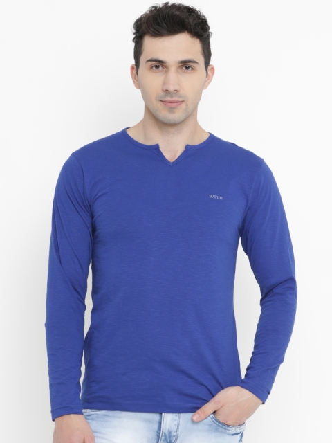 

WITH Men Blue Solid V-Neck T-shirt