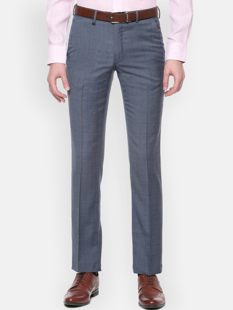 

Van Heusen Men Grey & Blue Slim Fit Checked Formal Trousers