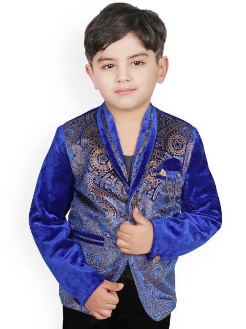 

SG YUVRAJ Boys Blue & Gold-Colour Printed Slim-Fit Tuxedo Party Blazer
