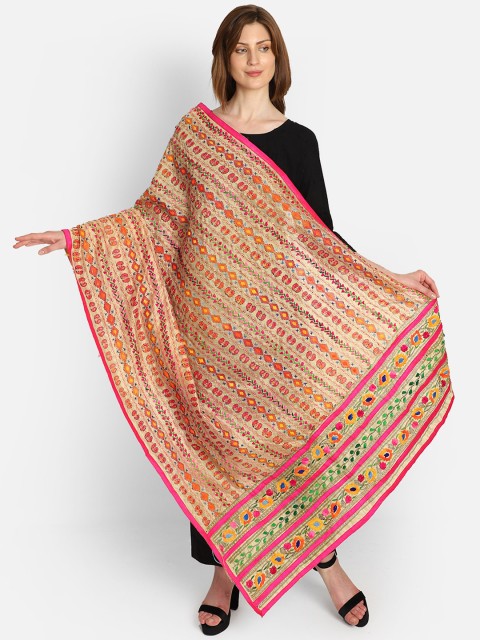 

amraoo Beige & Pink Embroidered Dupatta