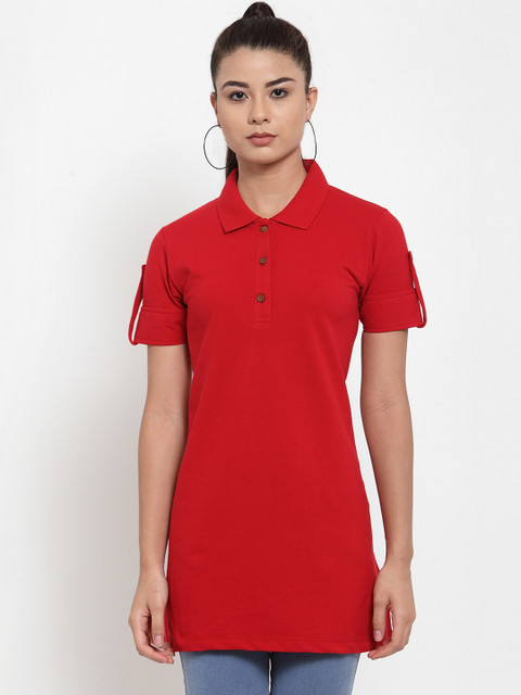

Kalt Women Red Solid Longline Polo Collar T-shirt