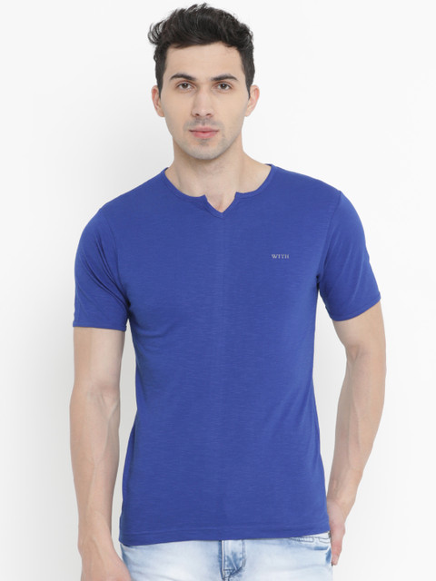 

WITH Men Blue Solid V-Neck T-shirt
