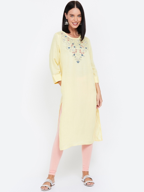 

Melange by Lifestyle Women Yellow & Blue Embroidered Straight Kurta