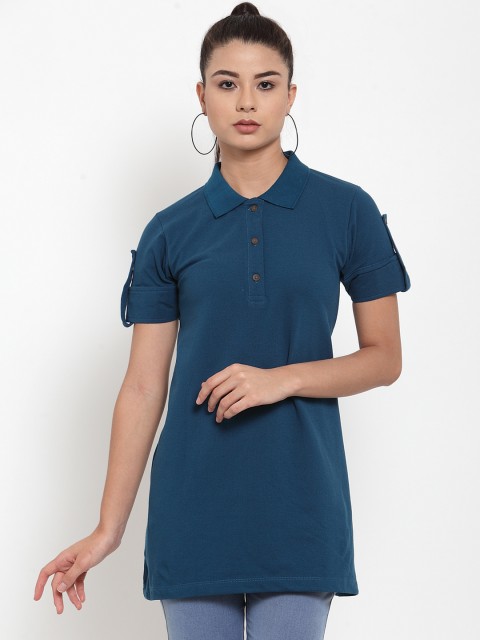 

Kalt Women Teal Blue Solid Longline Polo Collar T-shirt