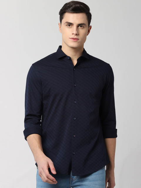 

Peter England Men Navy Blue Slim Fit Self Design Casual Shirt