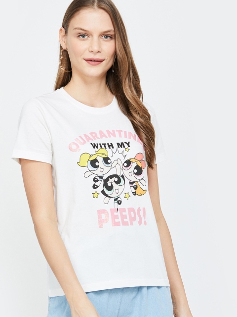 

Ginger by Lifestyle Women White Power Puff Girls Printed Round Neck T-shirt