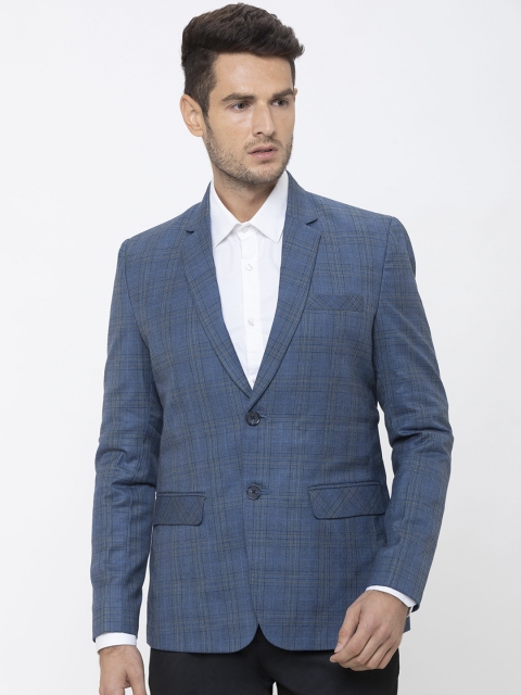 

Globus Men Blue Checked Regular-Fit Single-Breasted Pure Cotton Blazer