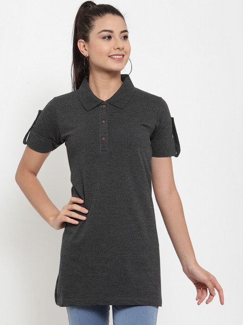 

Kalt Grey Solid Polo Neck Tunic