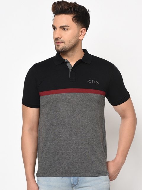 

Austin wood Men Charcoal Grey & Black Colourblocked Polo Collar T-shirt