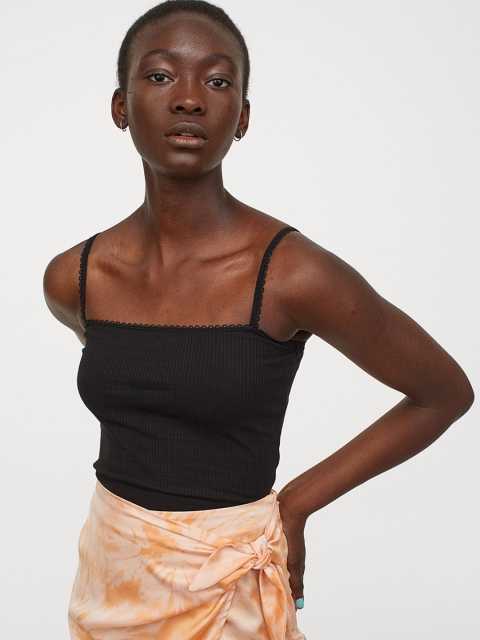 

H&M Women Black Solid Ribbed Strappy Top
