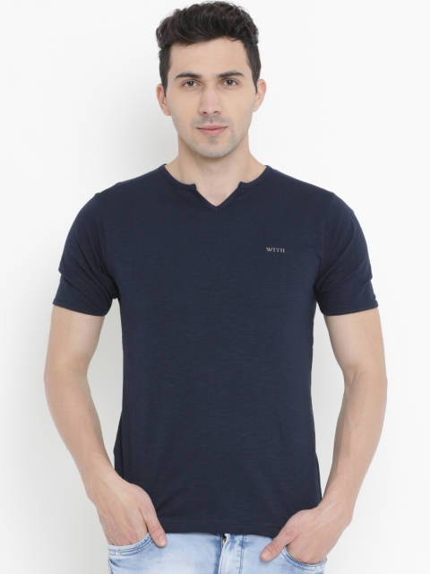 

WITH Men Navy Blue Solid Round Neck Slim T-shirt