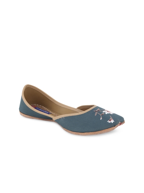

MSC Women Teal Blue & Pink Floral Embroidered Leather Mojaris