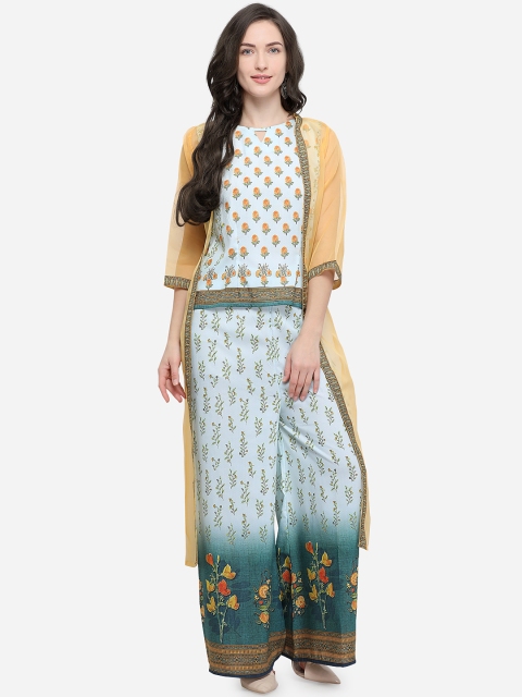 

Stylee LIFESTYLE Women Mint Green & Yellow Floral Printed Top & Palazzos with Jacket