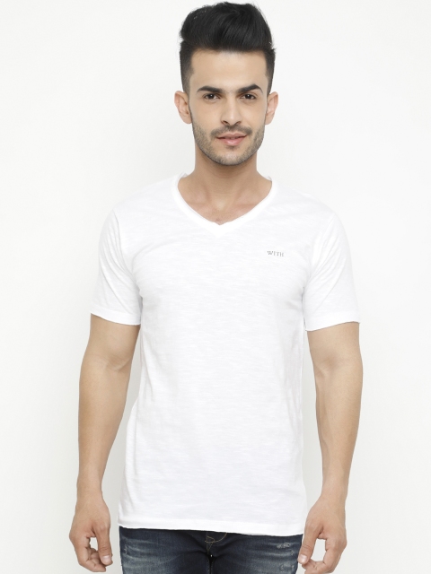 

WITH Men White Solid V-Neck T-shirt