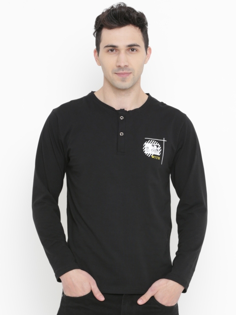 WITH Men Black Solid Henley Neck T-shirt