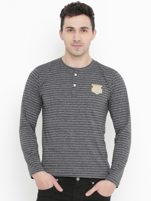 

WITH Men Grey Striped Henley Neck T-shirt