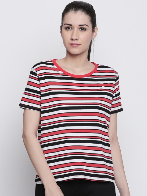 Ajile by Pantaloons Women Black Red Striped Round Neck Pure Cotton T-shirt