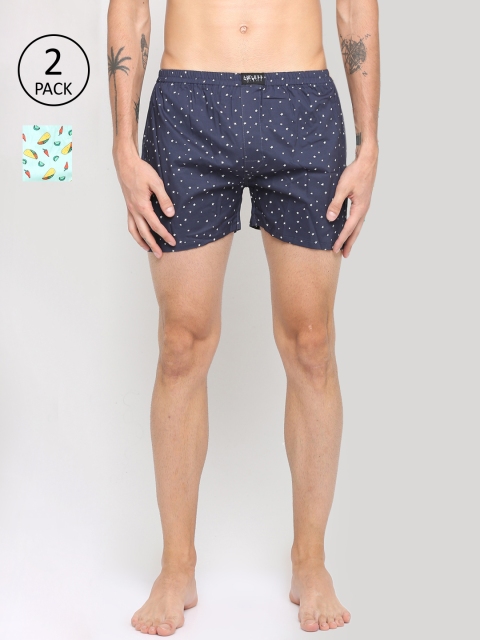 

SHOWOFF Men Pack Of 2 Printed Pure Cotton Boxers SB57-SB58_Navyblue-Tourquise_Re, Navy blue