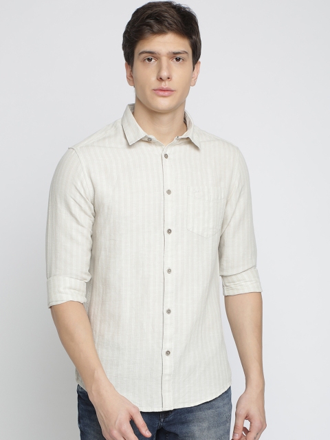 

Crocodile Men Beige Slim Fit Striped Casual Shirt