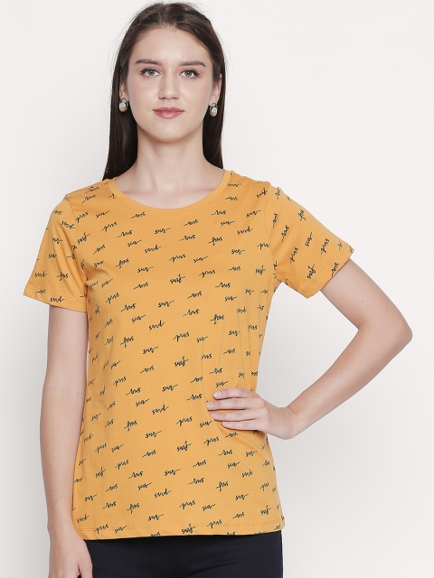 

Honey by Pantaloons Women Mustard Yellow Printed Round Neck Pure Cotton T-shirt
