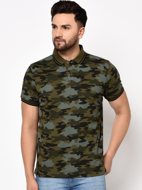 

98 Degree North Men Olive Green & Grey Camouflage Printed Polo Collar T-shirt