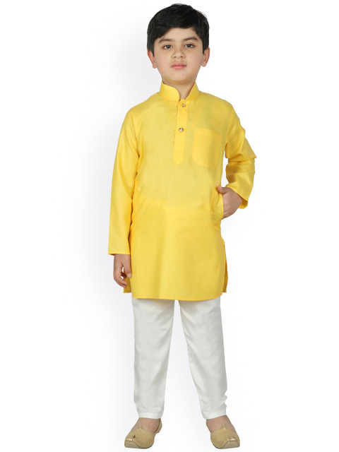 

SG YUVRAJ Boys Yellow & White Solid Kurta with Pyjamas