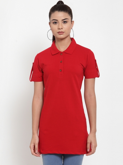 

Kalt Women Red Solid Longline Polo Collar T-shirt