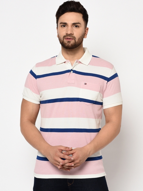 

98 Degree North Men Pink & White Striped Polo Collar T-shirt