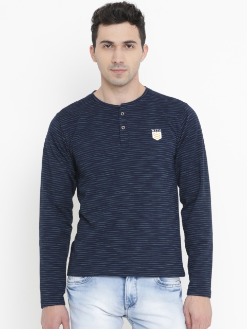 

WITH Men Navy Blue Printed Slim Henley Neck T-shirt