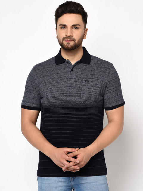

98 Degree North Men Navy Blue Striped Polo Collar T-shirt