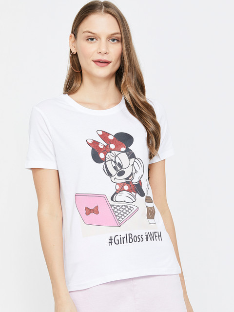 

Ginger by Lifestyle Women White Minnie Mouse Printed Round Neck T-shirt