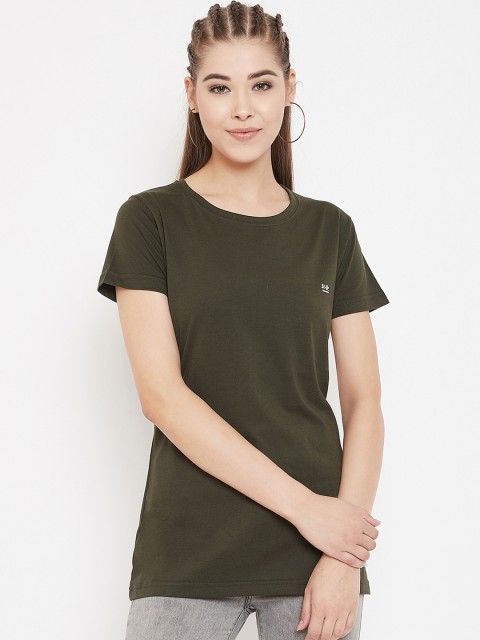 

Okane Women Olive Green Solid Round Neck T-shirt