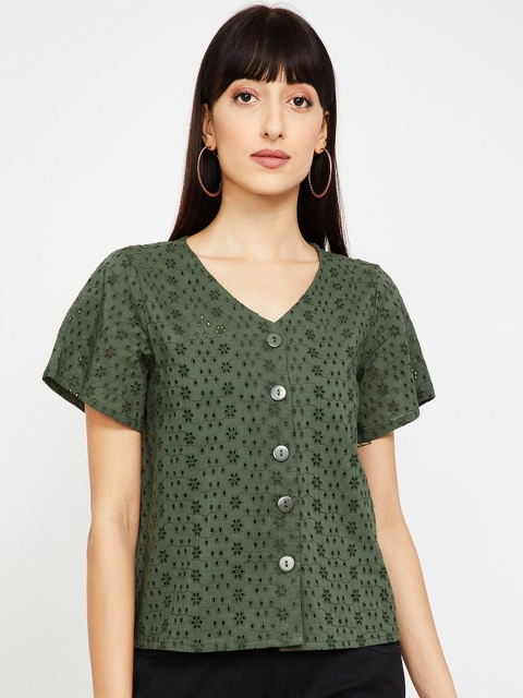 

Bossini Women Olive Green Schiffli Boxy Top