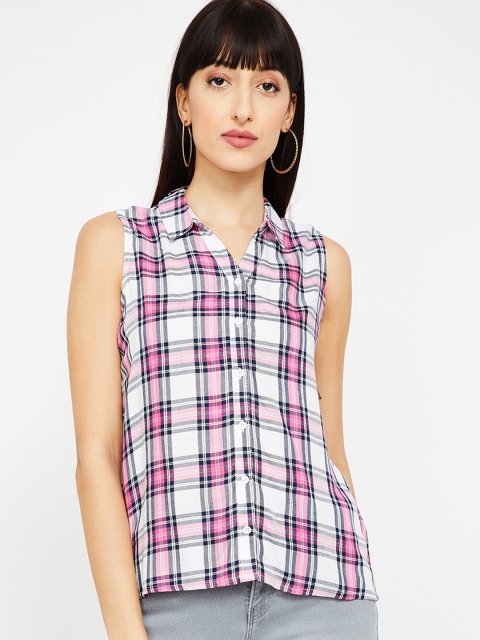 Fame Forever by Lifestyle Women Pink & White Regular Fit Checked Casual Shirt